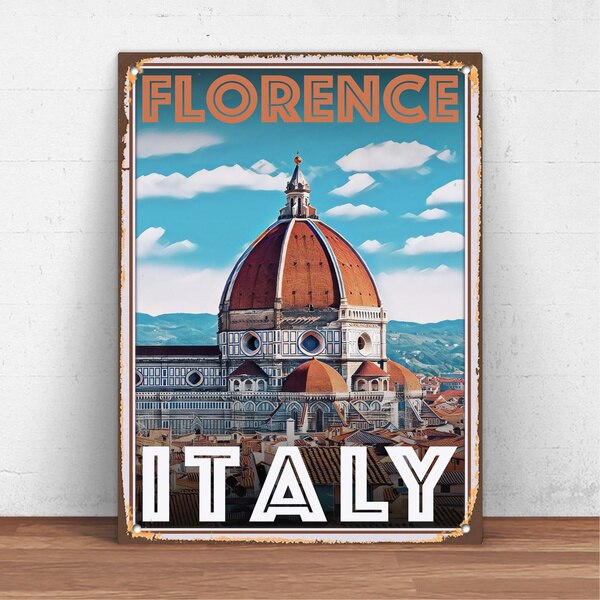 Affiche vintage des années 50 représentant Florence, Italie, avec des couleurs vibrantes et un design accrocheur évoquant le charme classique.