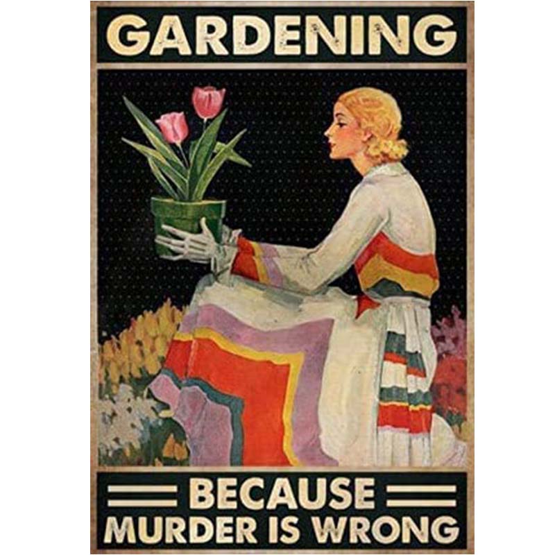 Affiche de jardinage vintage des années 20, style rétro vert, ornée de fleurs et outils, idéal pour décorer un espace jardin.