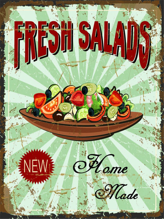 Affiche vintage des années 50 représentant une salade colorée, style Retro Chic, parfaite pour décorer une cuisine ou un café.