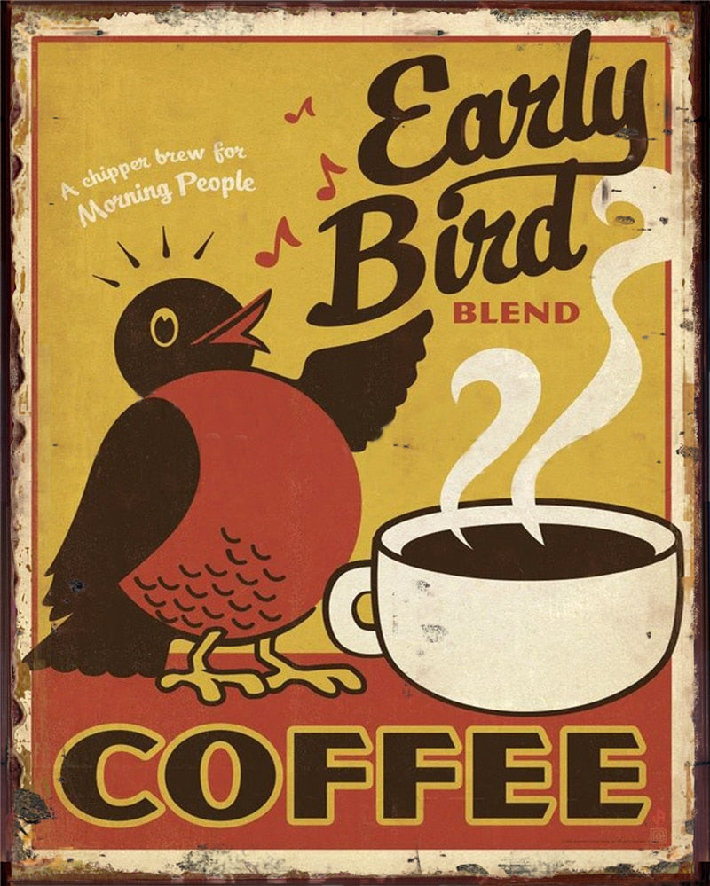 Affiche vintage colorée des années 70 présentant une tasse à café au design rétro, idéale pour décorer votre espace avec charme.