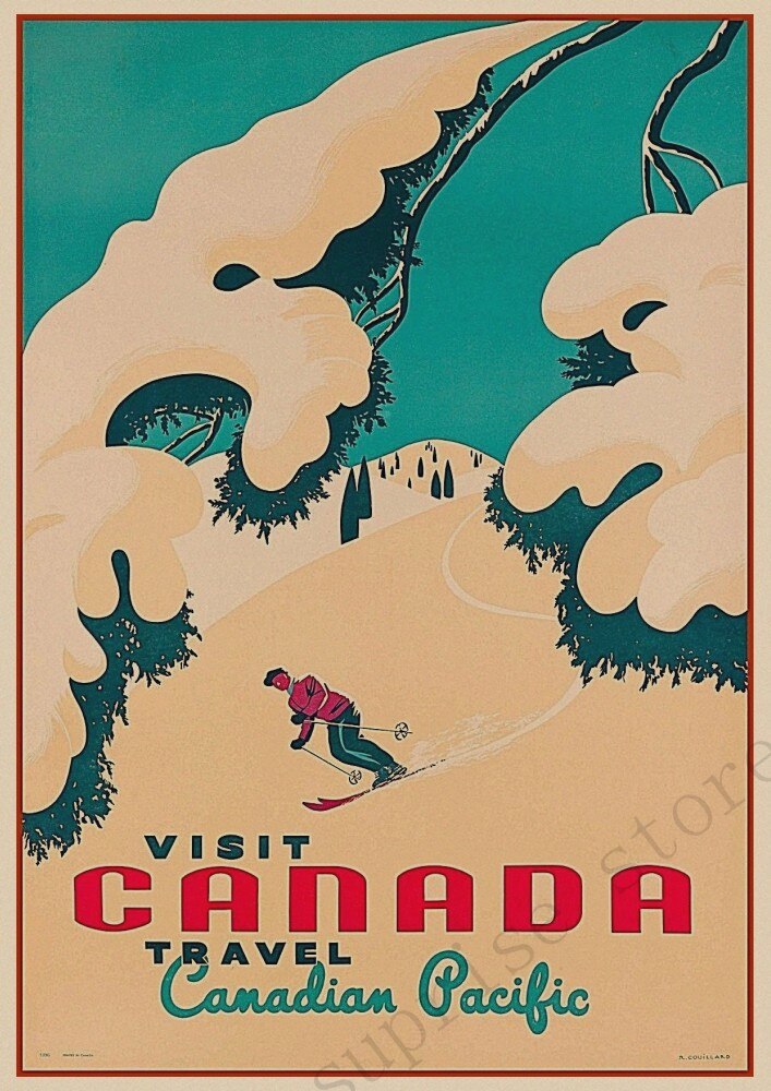 Affiche vintage chic du Canada des années 30, mettant en avant des paysages emblématiques et un design artistique rétro.