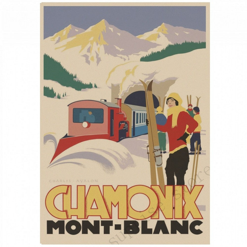 Affiche vintage des années 30 représentant le ski à Chamonix Mont-Blanc, avec des couleurs chaudes et un design rétro charmant.