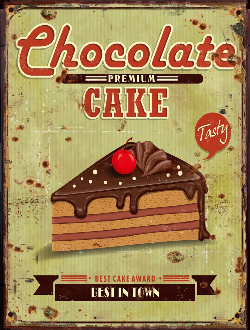 Affiche rétro représentant un délicieux gâteau au chocolat des années 50, édition Sweet Delight, avec des couleurs vives et un design nostalgique.