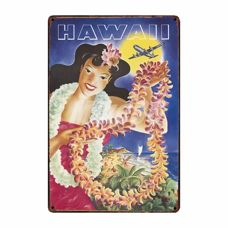 Affiche colorée des années 70 représentant un paysage hawaïen tropical avec palmiers et fleurs exotiques, style vintage rétro.