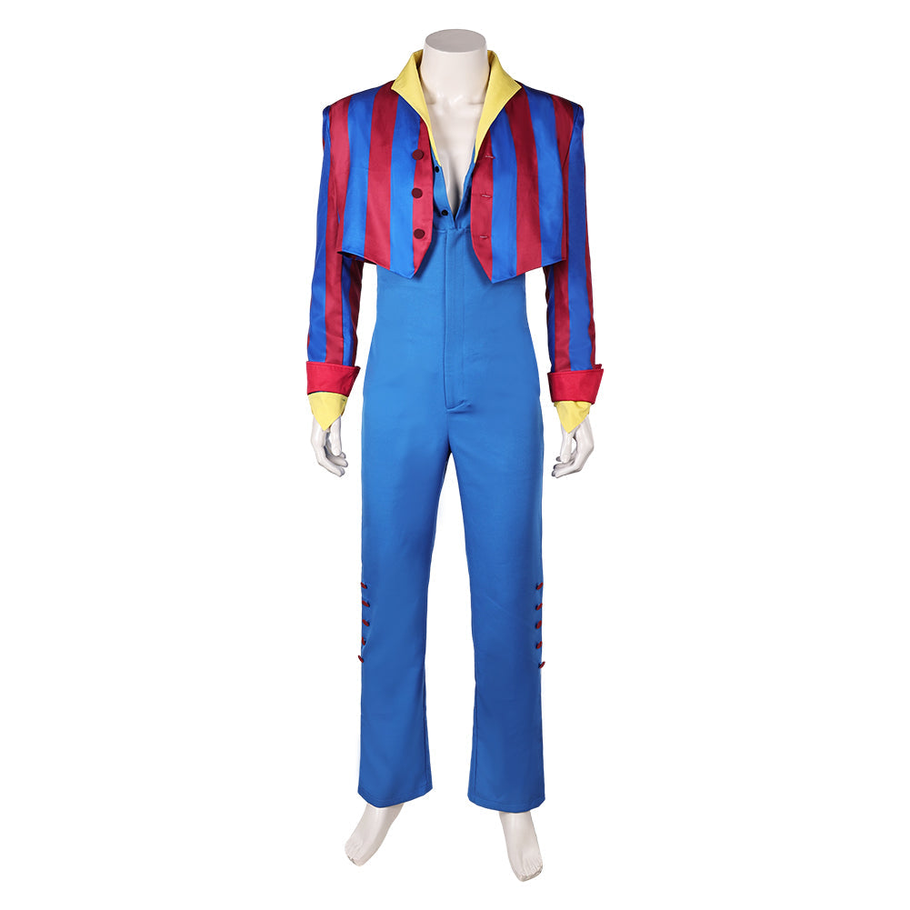 Déguisement vintage des années 80 inspiré par Prince Rogers Nelson, costume rouge et bleu emblématique, style classique et audacieux.