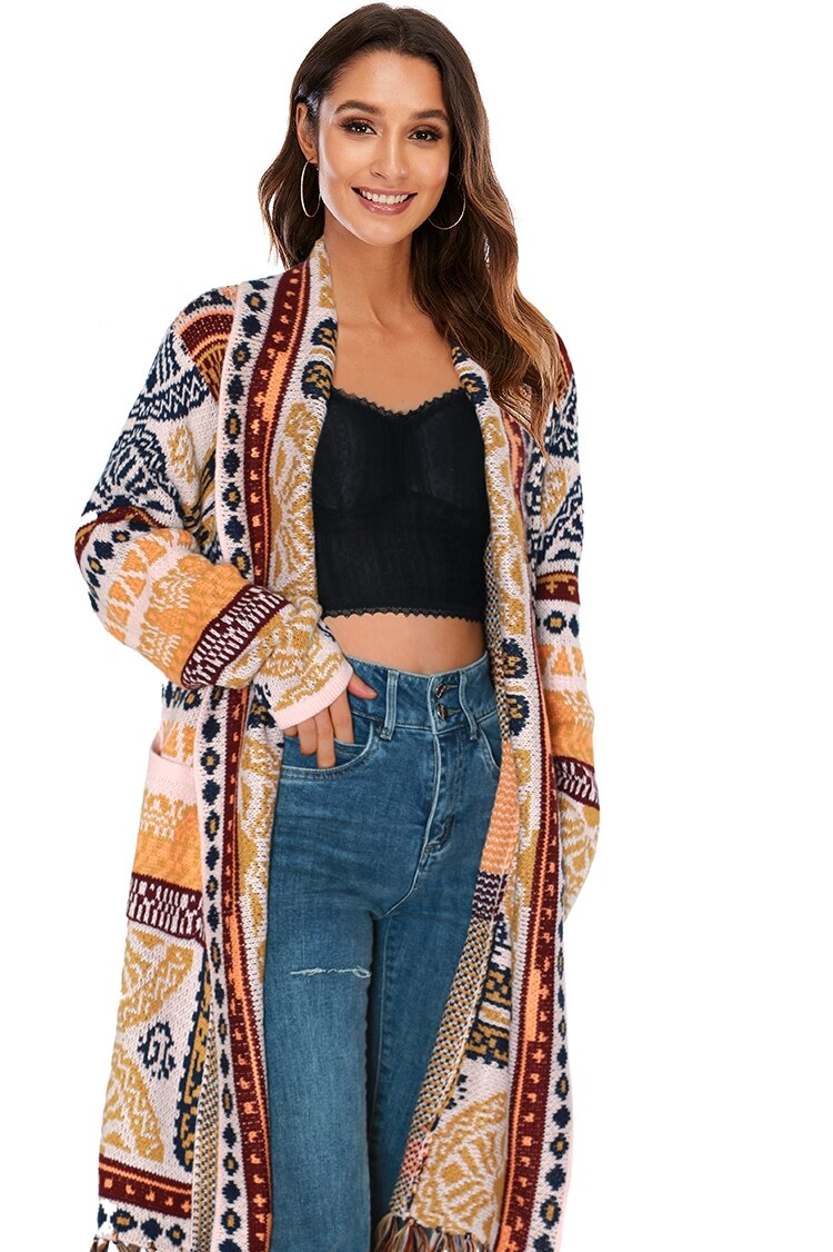 Cardigan hippie ethnique femme années 70 – Édition Vintage Spirit.